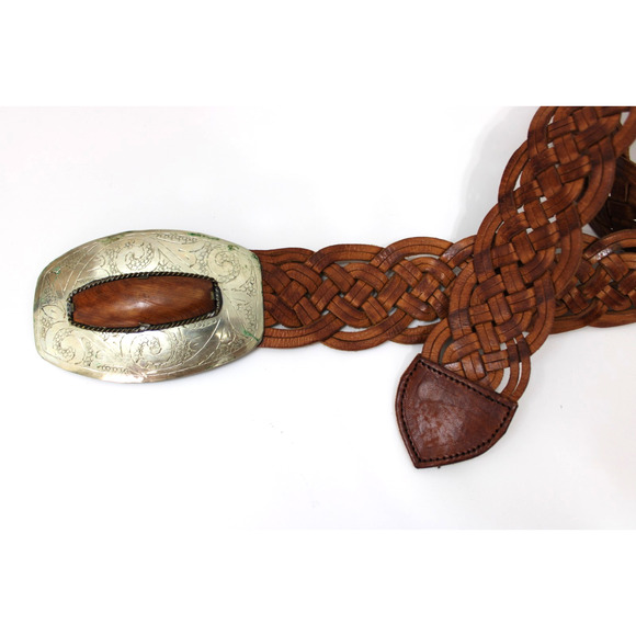 Morocco Braided Brown Belt M/L Chico's Leather Boho Silver Metal Buckle Vintage - Picture 12 of 12